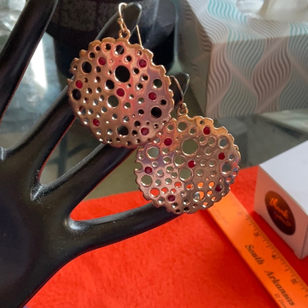 Rose Gold Tone with Red Stones Circle Earrings, Preowned